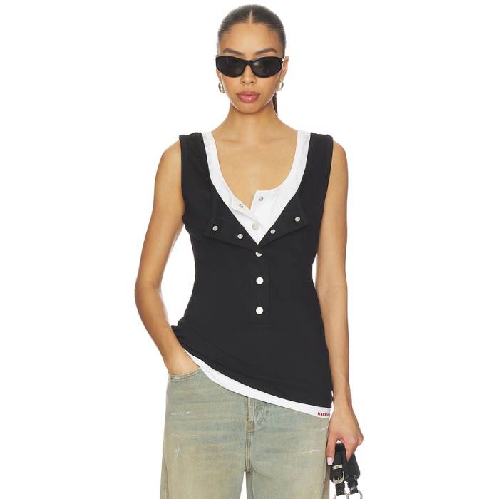 Markgong 【 Layered Open-Collared Vest Women Black \u0026Amp; White 】 より良い レディース 黒いこと 黒いこと 白いこと 白いこと