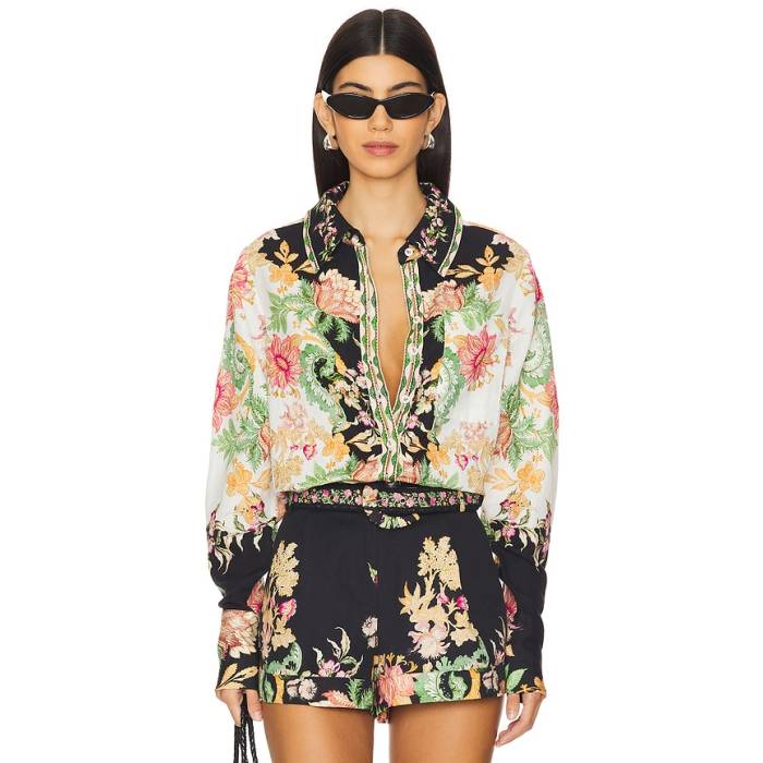 Hemant And Nandita 【 Oversized Shirt With Hand Crafted Buttons Women Black \u0026Amp; Off White Floral 】 レディース 黒いこと 黒いこと 白いこと 白いこと