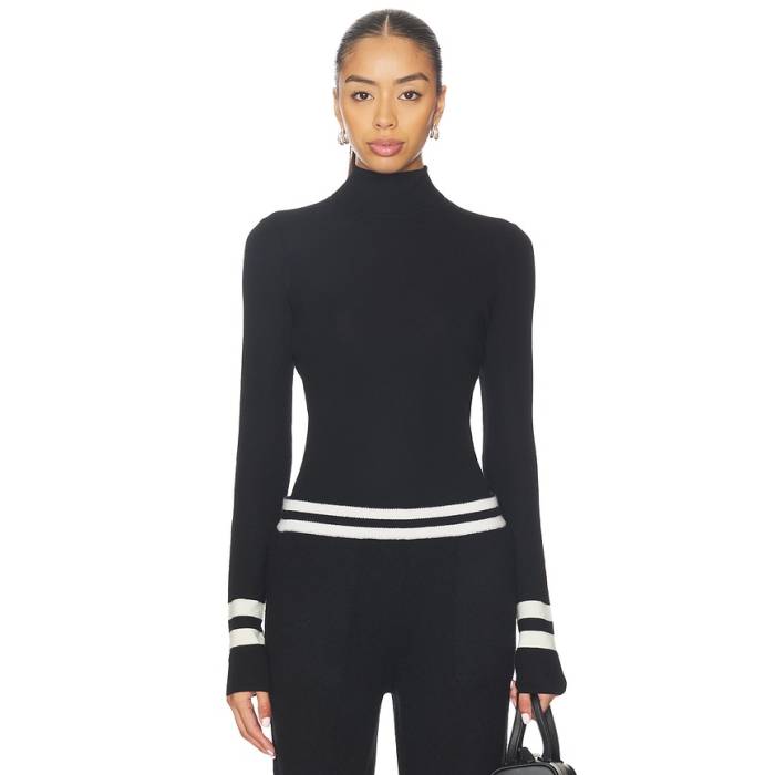 White \u0026 Warren 【 Superfine Merino Striped Fitted Turtleneck Women Black \u0026Amp; Cream 】 レディース 黒いこと 黒いこと 皮膚軟化剤
