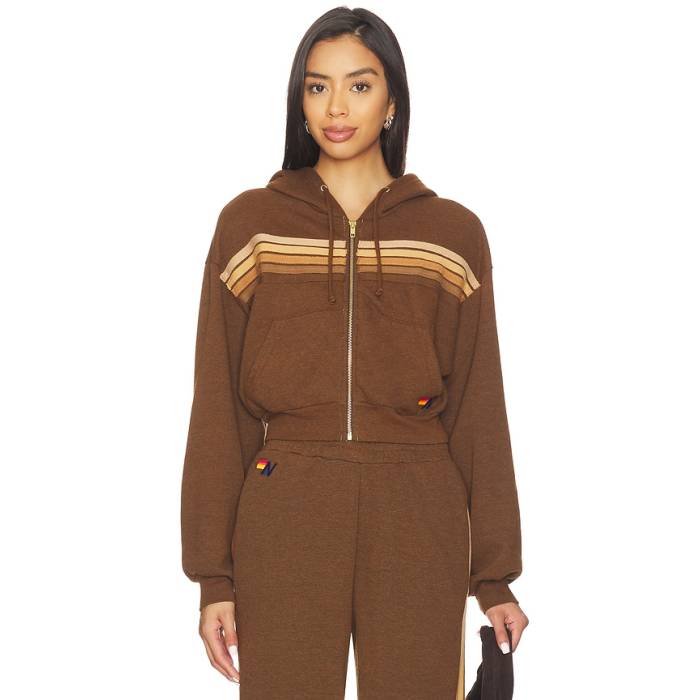 Aviator Nation 【 5 Stripe Cropped Zip Hoodie Women Chocolate \u0026Amp; Espresso 】 Stripe 縞模様 フーディー パーカー レディース