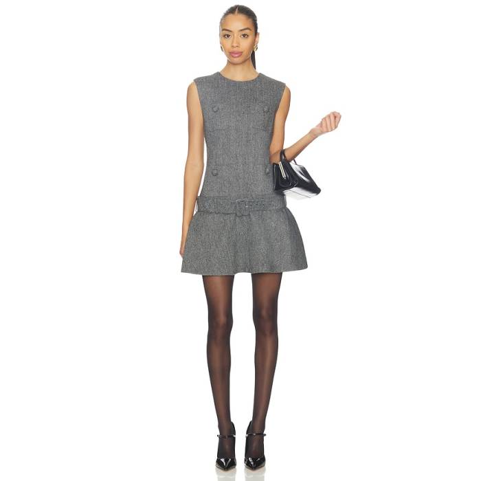 Self-Portrait 【 Herringbone Flared Mini Dress Women Grey 】 御召しもの レディース 薄墨色 薄墨色