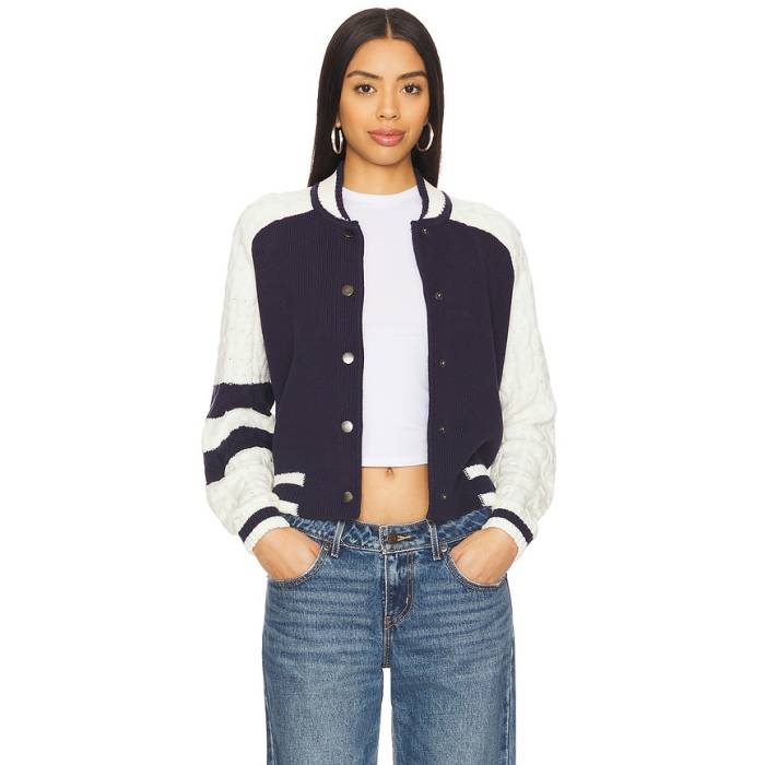 Central Park West 【 Cable Sleeve Knit Bomber Women Navy 】 Sleeve 捩り 編み物 レディース 紺色 米国海軍