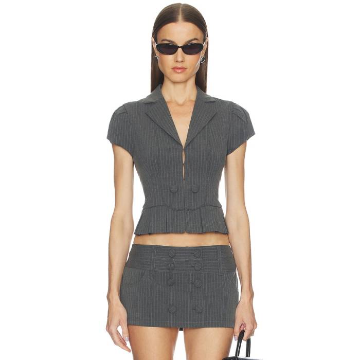 Guizio 【 Mollie Cap Sleeve Blazer Women Grey \u0026Amp; White 】 旗がしら かぶり笠 Sleeve 捩り ブレイザー レディース 薄墨色 薄墨色 白いこと 白いこと
