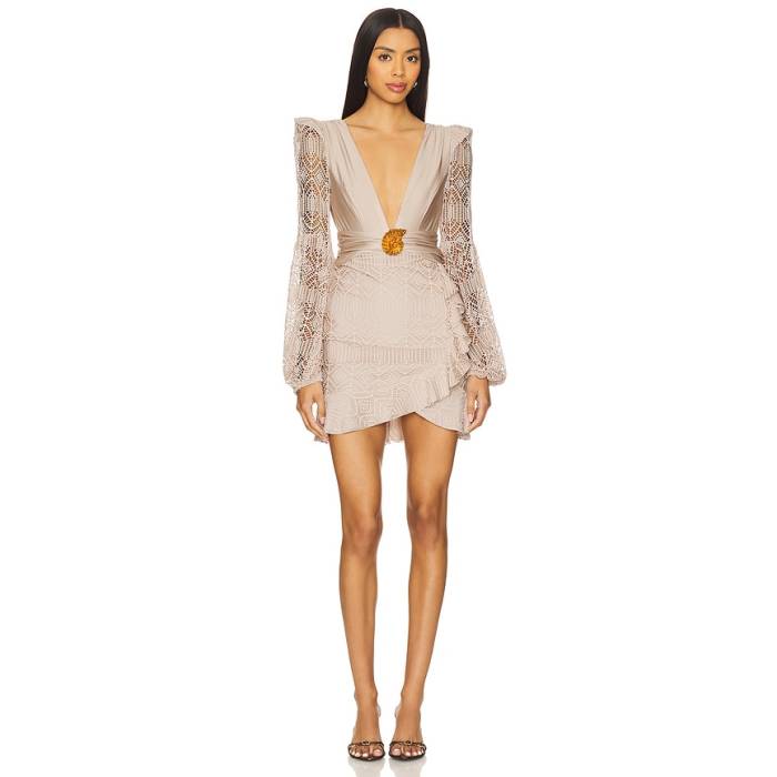 Patbo 【 Seashell Lycra Long Sleeve Mini Dress Women Beige 】 Sleeve 捩り お召しもの レディース ベージュ