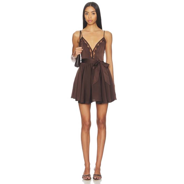 バル一点 Bardot 【 Natalia Lace Trim Mini Dress Women Dark Choco 】 お召しもの レディース ドレス-レディースファッション