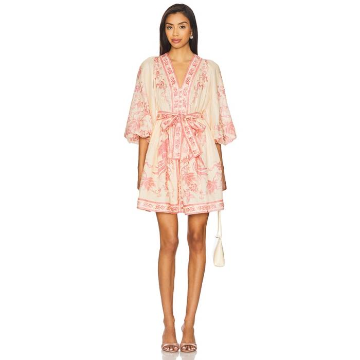 ジマーマン Zimmermann 【 Lucky Plunge Mini Dress Women Cream \u0026Amp; Pink Floral 】 御召しもの レディース 皮膚軟化剤 pink さくら色