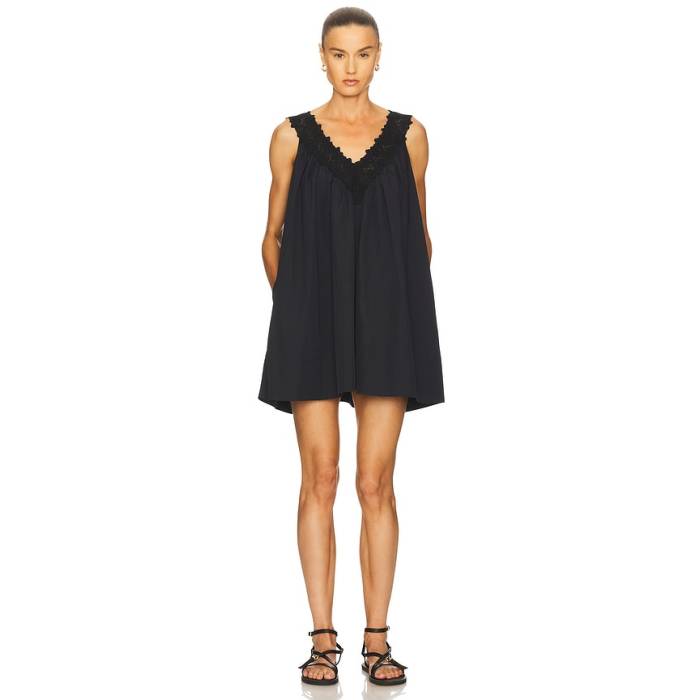 Helsa 【 Mini Dress With Lace In Tech Poplin Women Black 】 お召しもの テック レディース 黒いこと 黒いこと ドレス-レディースファッション
