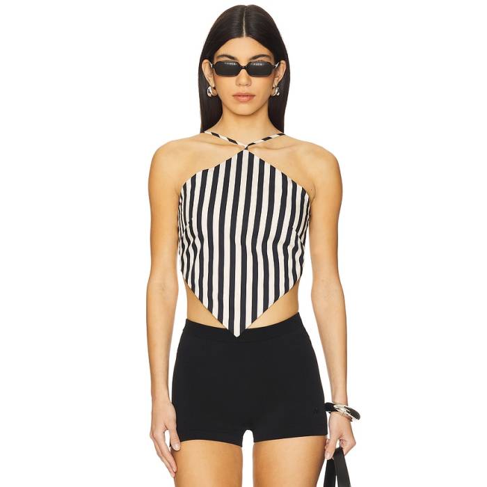 Simonmiller 【 Kit Poplin Tie Top Women Black \u0026Amp; Macadamia Micro Stripe 】 タイ レディース 黒いこと 黒いこと Micro ミクロ Stripe 縞模様