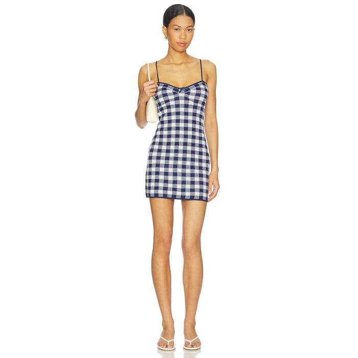 For Love & Lemons 【 Gingham Knit Mini Dress Women Navy 】 ニット ドレス レディース 紺色 ネイビー|スニケス