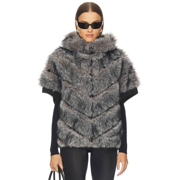 Jocelyn 【 Faux Fox Hooded Chevron Short Sleeve Jacket Women Grey 】 フォックス フード付 Sleeve スリーブ Jacket ジャケット レディース 灰色 グレー｜スニケス