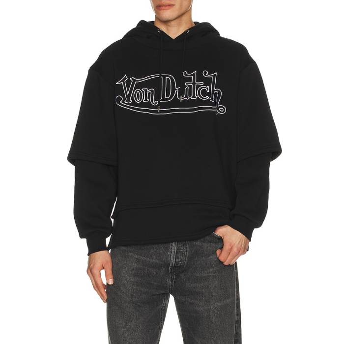 フォンダッチ Von Dutch 【 Logo 2Fer Hoodie Men Jet Black 】 ロゴタイプ フーディー パーカー メンズ 黒いこと 黒いこと