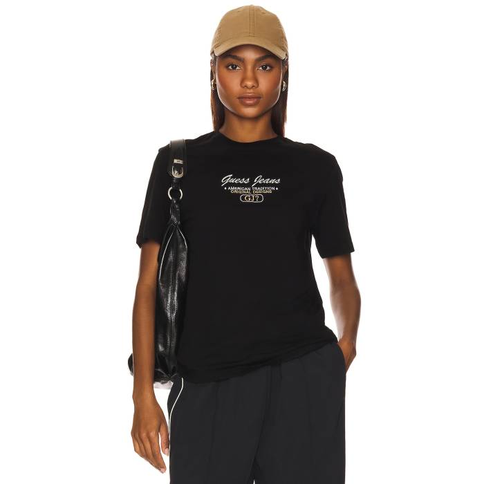Guess Jeans 【 Short Sleeve Slim Script Tee Unisex Jet Black 】 Sleeve スリーブ slim スリム スクリプト Tシャツ レディースファッション トップス Tシャツ カットソー ユニセックス 黒色 ブラック