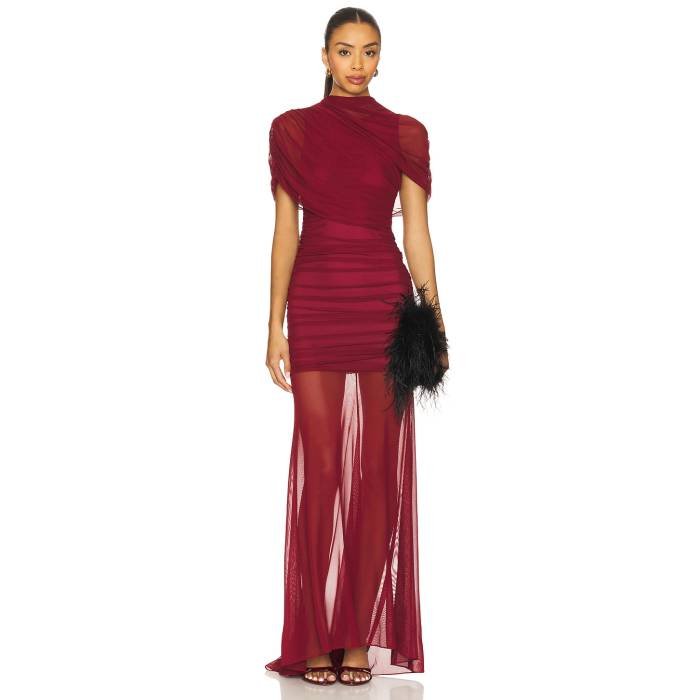 アマンダアプリチャード Amanda Uprichard 【 X Revolve Evianna Mesh Gown Women Burgundy 】 レディースファッション ドレス レディース ワイン色・バーガンディー