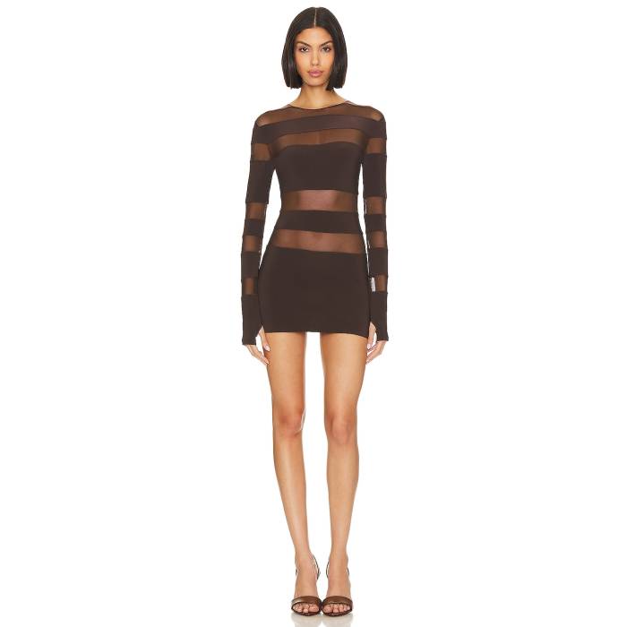 Norma Kamali 【 Spliced Long Sleeve Pickleball Dress In Chocolate Mesh Women Chocolate/Chocolate Mesh 】 Sleeve 捩り お召しもの レディース
