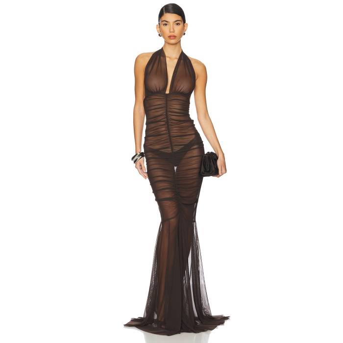 Norma Kamali 【 Halter Shirred Front Fishtail Gown Women Espresso 】 レディースファッション ドレス レディース