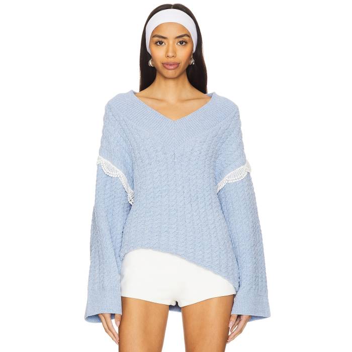 For Love & Lemons 【 Tierra Oversized V-Neck Sweater Women Blue 】 Vネック トレーナー レディースファッション トップス ニット セーター セーター レディース 青色 ブルー