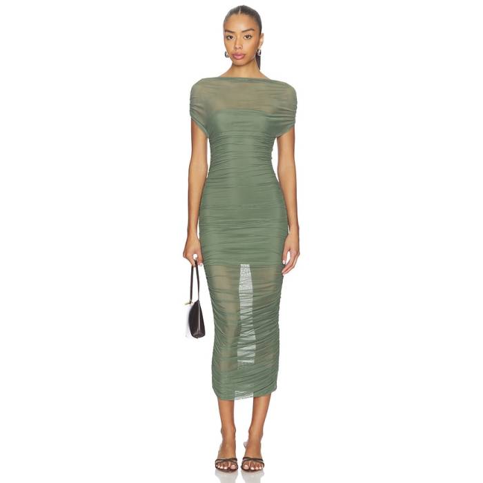 Seroya 【 Noel Off Shoulder Mesh Midi Dress Women Grove Green 】 御召しもの レディース green 緑・緑であること