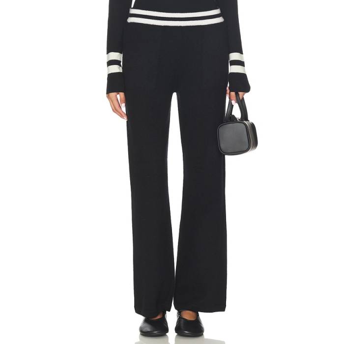 White \u0026 Warren 【 Cashmere Striped Wide Leg Pant Women Black \u0026Amp; Cream 】 ズボン下 レディース 黒いこと 黒いこと 皮膚軟化剤
