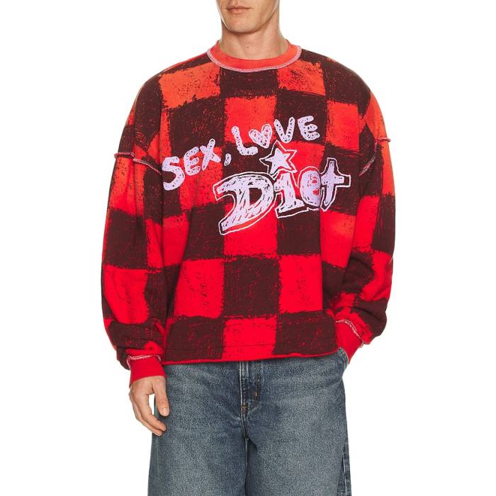 Diet Starts Monday 【 Sl\u0026D Crewneck Sweatshirt Men Checkered Red 】 汗水 調教師 メンズ Red 赤・赤いこと