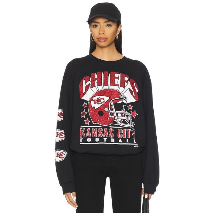 ジャンクボンネット Junk Food 【 Chiefs Glitter Helmet Crew Fleece Women Black 】 チーフス Helmet 安全帽 労働者の一団 フリース レディース 黒いこと 黒いこと