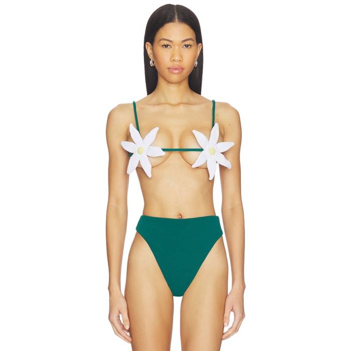 Nau Bikinis 【 Petal Bikini Top Women White \u0026Amp; Emerald 】 レディース 白いこと 白いこと