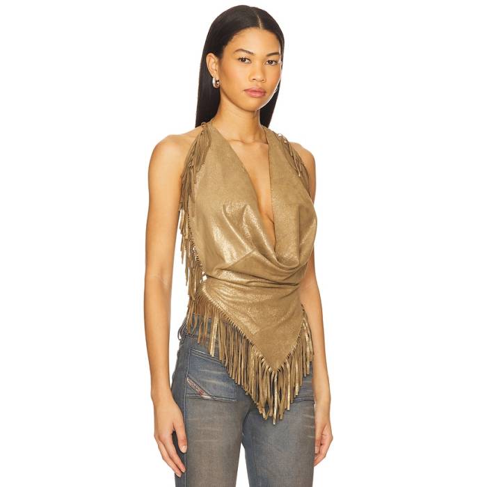 Understated Leather 【 Shimmery Fringe Halter Top Women Gold 】 レディース ゴールド