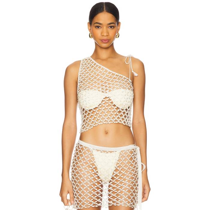 My Beachy Side 【 Serene Hand Crochet Pearl Beaded One Shoulder Top Women Ivory 】 パール レディース 象牙色