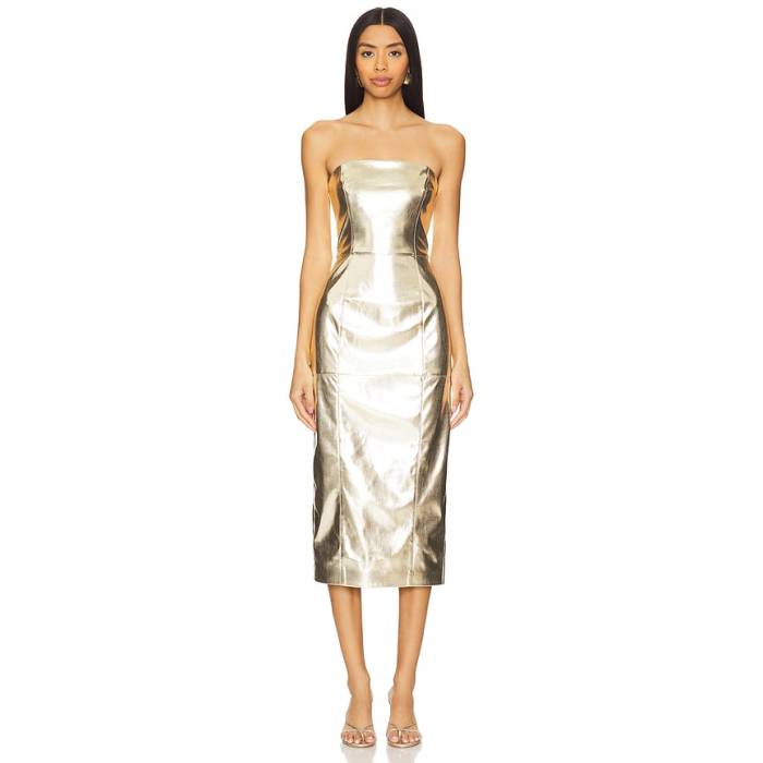 Camila Coelho 【 Nari Midi Dress Women Gold 】 お召しもの レディース ゴールド ドレス-レディースファッション
