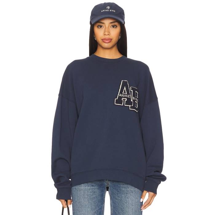 Anine Bing 【 Miles Oversized Letterman Sweatshirt Women Washed Navy 】 汗水 調教師 レディース 紺色 米国海軍