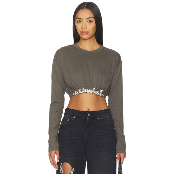 Area 【 Crystal Cluster Long Sleeve Cropped T-Shirt Women Charcoal 】 Sleeve 衣袂 ティーシャツ レディース 暗灰色