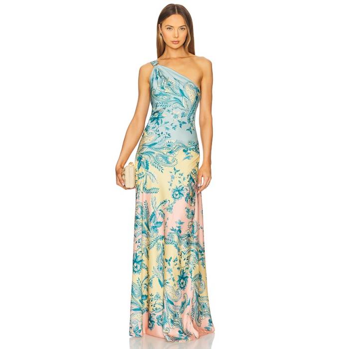Hemant And Nandita 【 One Shoulder Long Dress Women Blue Yellow Mix 】 御召しもの レディース 青碧 青碧 yellow 黄味がかった・黄色