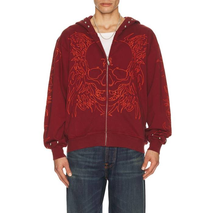 Revenge 【 Tribal Skull Studded Zip Hoodie Men Red 】 フーディー パーカー メンズ Red 赤・赤いこと トップス-パーカー
