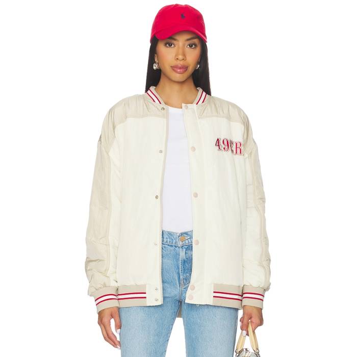 Terez 【 X Revolve 49Ers Double Yoke Bomber Women Grey \u0026Amp; Cream 】 フォーティーナイナーズ レディース 薄墨色 薄墨色 皮膚軟化剤