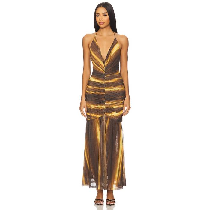 バル一点 Bardot 【 Aries Mesh Maxi Dress Women Brown Ombre 】 御召しもの レディース 赤銅色 赤銅色