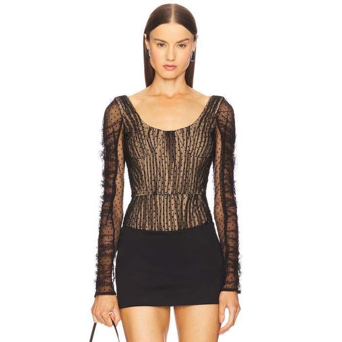 プラバルグルン Prabal Gurung 【 Long Sleeve Bodysuit Women Black \u0026Amp; Nude 】 Sleeve 捩り 上半身背広 レディース 黒いこと 黒いこと