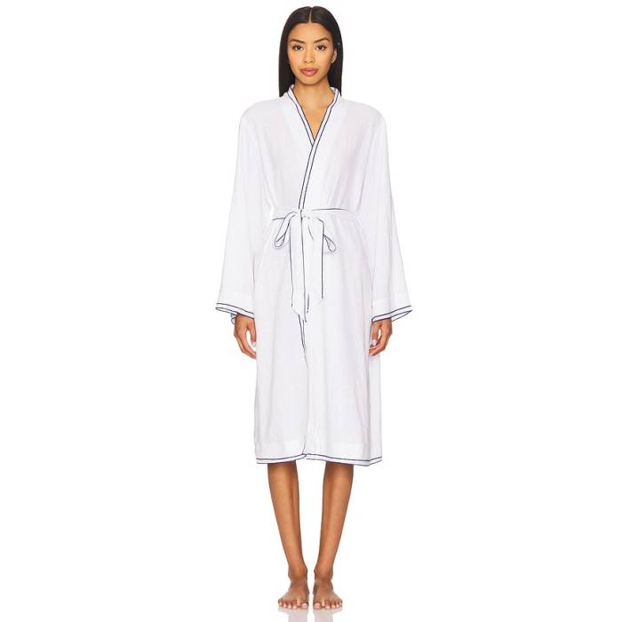 エバージェイ Eberjey 【 Linen Blend Long Sleeve Robe Women Off White \u0026Amp; Navy 】 Sleeve 衣袂 レディース 白いこと 白いこと 紺色 米国海軍