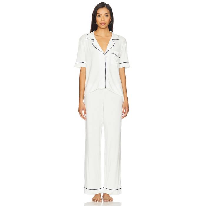 エバージェイ Eberjey 【 Gisele Short Sleeve Long Pj Set Women Navy \u0026Amp; Pure Ivory 】 Sleeve 衣袂 レディース 紺色 米国海軍 純一無雑 象牙色