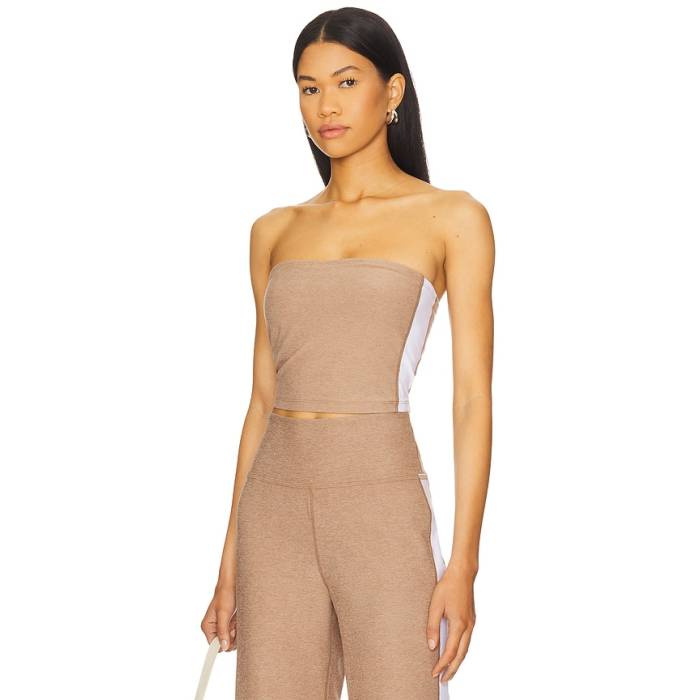 ビヨンドヨガ Beyond Yoga 【 Spacedye Strapless Stripe Top Women Desert Sand Heather \u0026Amp; Cloud White 】 Stripe 縞模様 レディース 砂色・沙子 heather ギョリュウモドキ 白いこと 白いこと