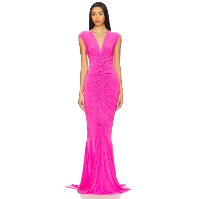 Norma Kamali 【 X Revolve Sleeveless Deep V Neck Shirred Front Fishtail Gown Women Orchid Pink 】 Sleeveless ノンスリーブ ディープ レディースファッション ドレス レディース pink ピンク