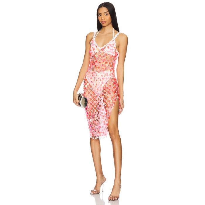 ミリー Milly 【 Sequin Crochet Midi Dress Women Pink \u0026Amp; White 】 お召しもの レディース pink サクラ色 白いこと 白いこと