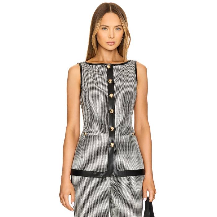 Simkhai 【 Cressida Sleeveless Button Top Women Black White Check 】 Sleeveless ノンスリーブ レディースファッション トップス タンクトップ レディース 黒色 ブラック 白色 ホワイト