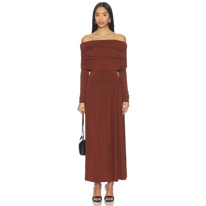 Weworewhat 【 Off Shoulder Ruched Midi Dress Women Burgundy 】 お召しもの レディース ぶどう酒色・バーガンディー