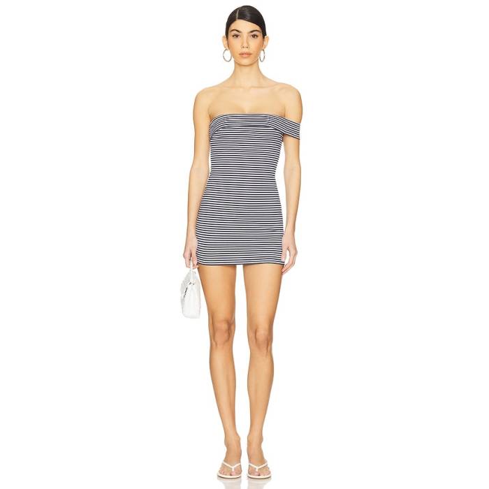 All The Ways 【 Serena Off Shoulder Dress Women Navy Stripe 】 御召しもの レディース 紺色 米国海軍 Stripe 縞模様