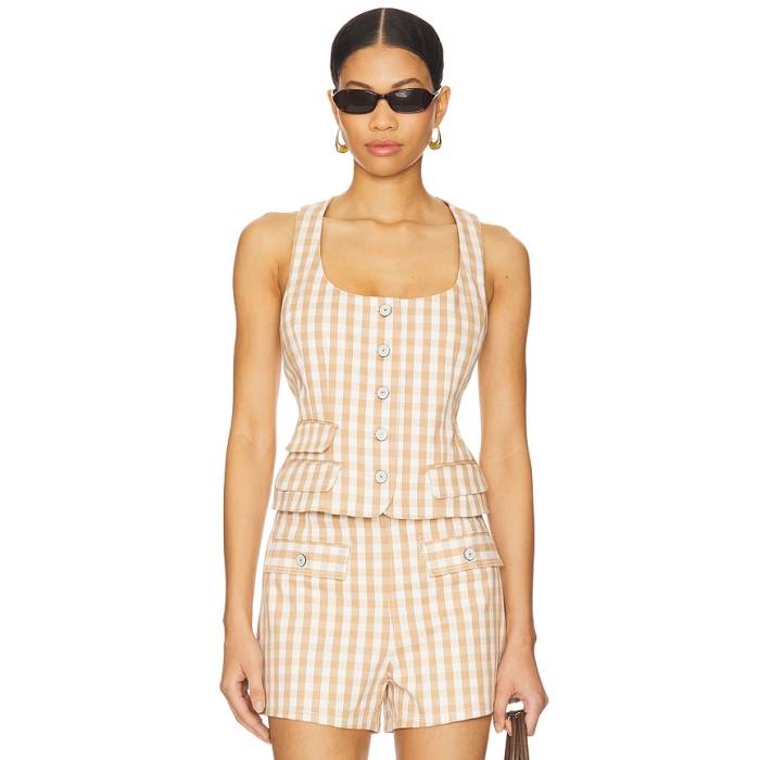Cinq A Sept 【 Gingham Denim Lovina Top Women Sahara \u0026Amp; Light Plaster 】 ジーンズ レディース
