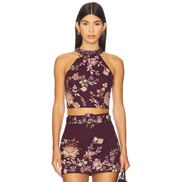 Hemant And Nandita 【 Halter Neck Top Women Burgundy Floral 】 レディース ぶどう酒色・バーガンディー