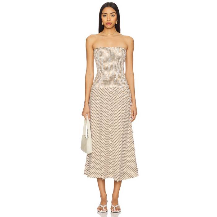ミンクのコートサクラ色 Minkpink 【 Artemis Shirred Midi Dress Women Tan Stripe 】 お召しもの レディース Stripe 縞模様