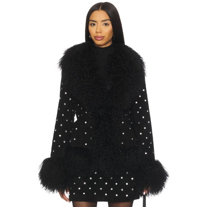 Susanna Chow 【 Dorothy Diamante Suede Coat Women Black \u0026Amp; Crystal Embellishments 】 スエード・スウェード レディース 黒いこと 黒いこと