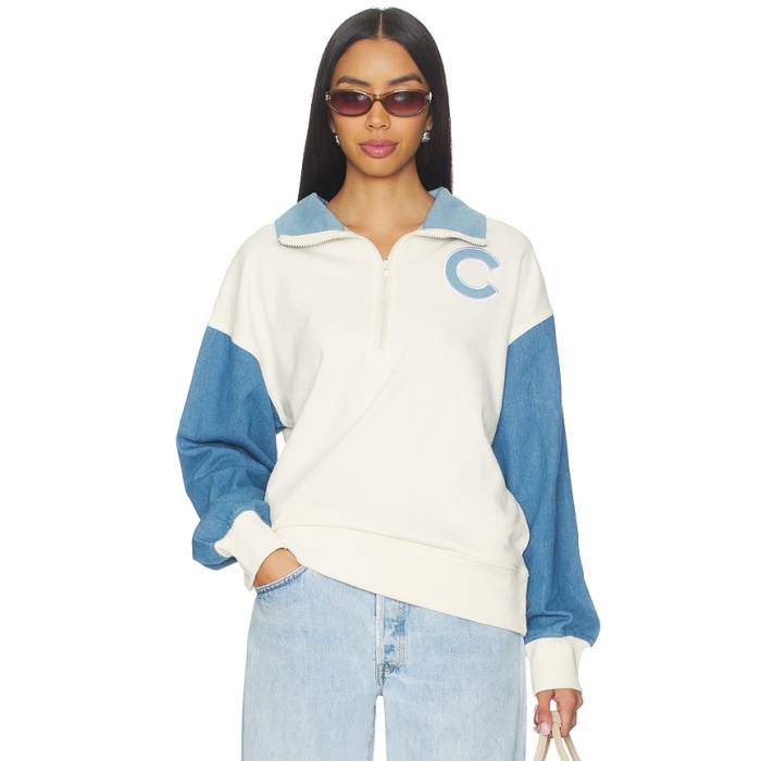 Terez 【 X Revolve Cubs Denim Quarter Zip Women White \u0026Amp; Denim Medium 】 カブス ジーンズ レディース 白いこと 白いこと ジーンズ