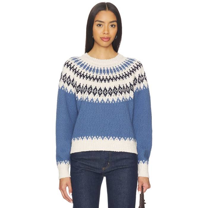秋期カシミヤ Autumn Cashmere 【 Chunky Fair Isle Crew Sweater Women Bluestone Combo 】 労働者の一団 調教師 レディース