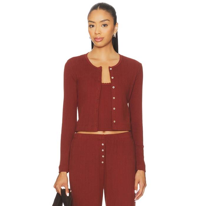 Leset 【 Pointelle Crop Cardigan Women Cinnamon 】 Crop クロップ ジレー レディース